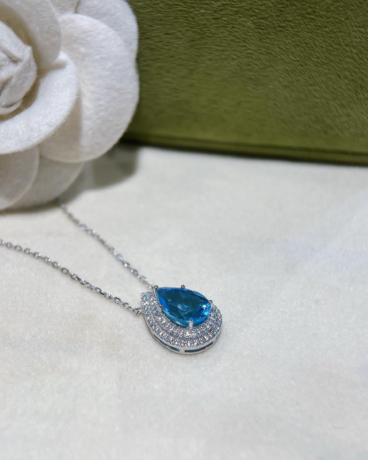 Halo 4.32ct Pear Cut Natural Swiss Blue Topaz Necklace - Anniversary Gift - Scene 6
