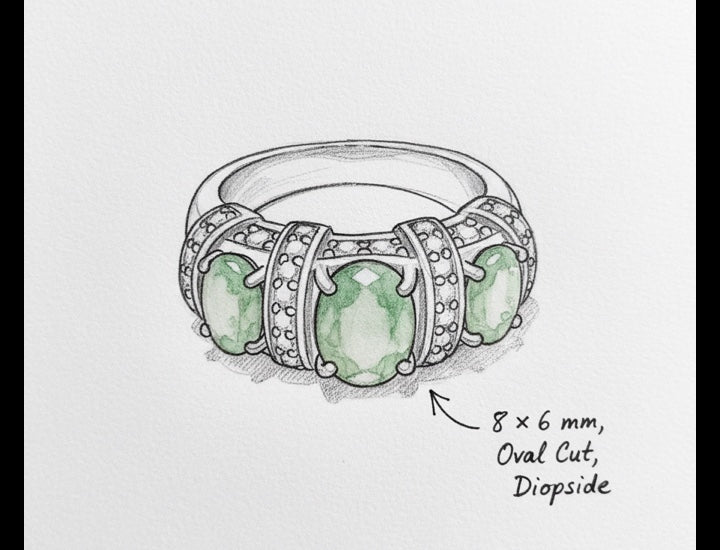 Original hand-drawn design sketch for Vintage 2.4ct Oval Cabochon Natural Opal Three Stone Ring for Anniversary