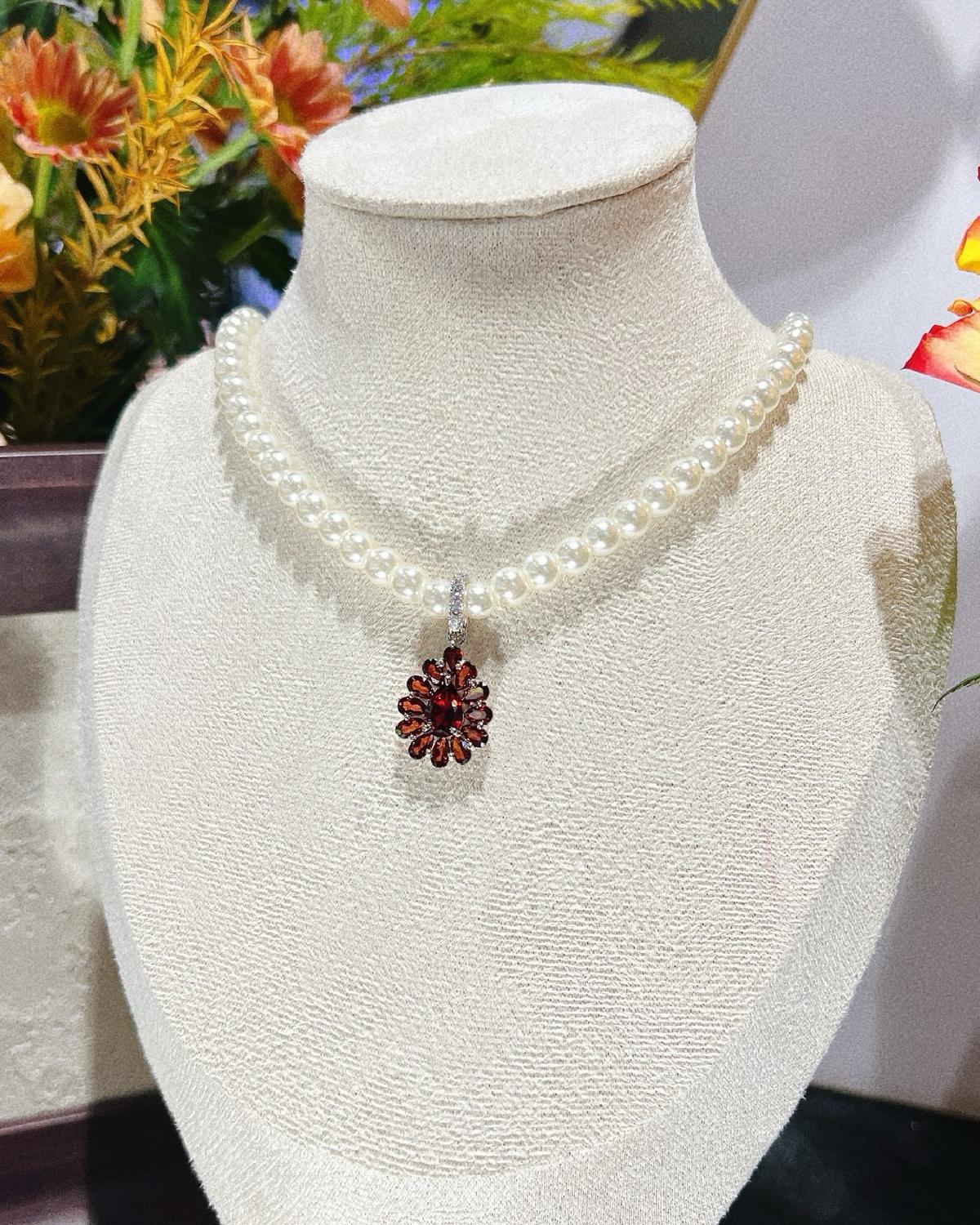 Fancy Floral Halo 1.51ct Pear Cut Garnet Necklace in Sterling Silver - Anniversary Gift - Scene 6