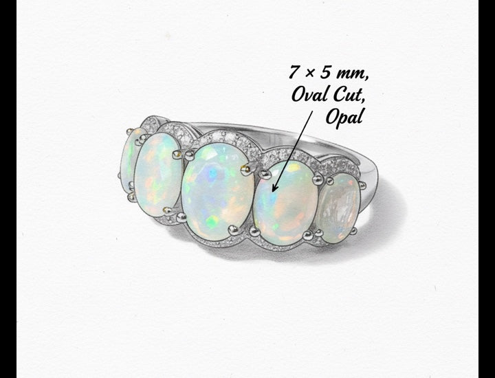 Original hand-drawn design sketch for Vintage 5 Stone 0.87ct Oval Cut Natural Opal Ring - Anniversary Gift
