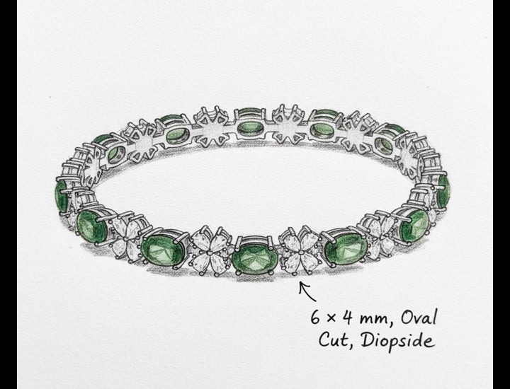 Original hand-drawn design sketch for Vintage Cluster 7.15ct Oval Cut Natural Diopside Alternating Stone Bracelet - Anniversary Gift