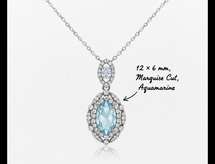 Original hand-drawn design sketch for Vintage Halo 1.4ct Marquise Cut Natural Aquamarine Necklace - Anniversary Gift