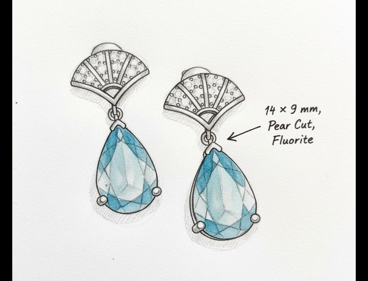 Original hand-drawn design sketch for Art Deco 9.52ct Pear Cut Blue Fluorite Drop Earrings - Anniversary Gift