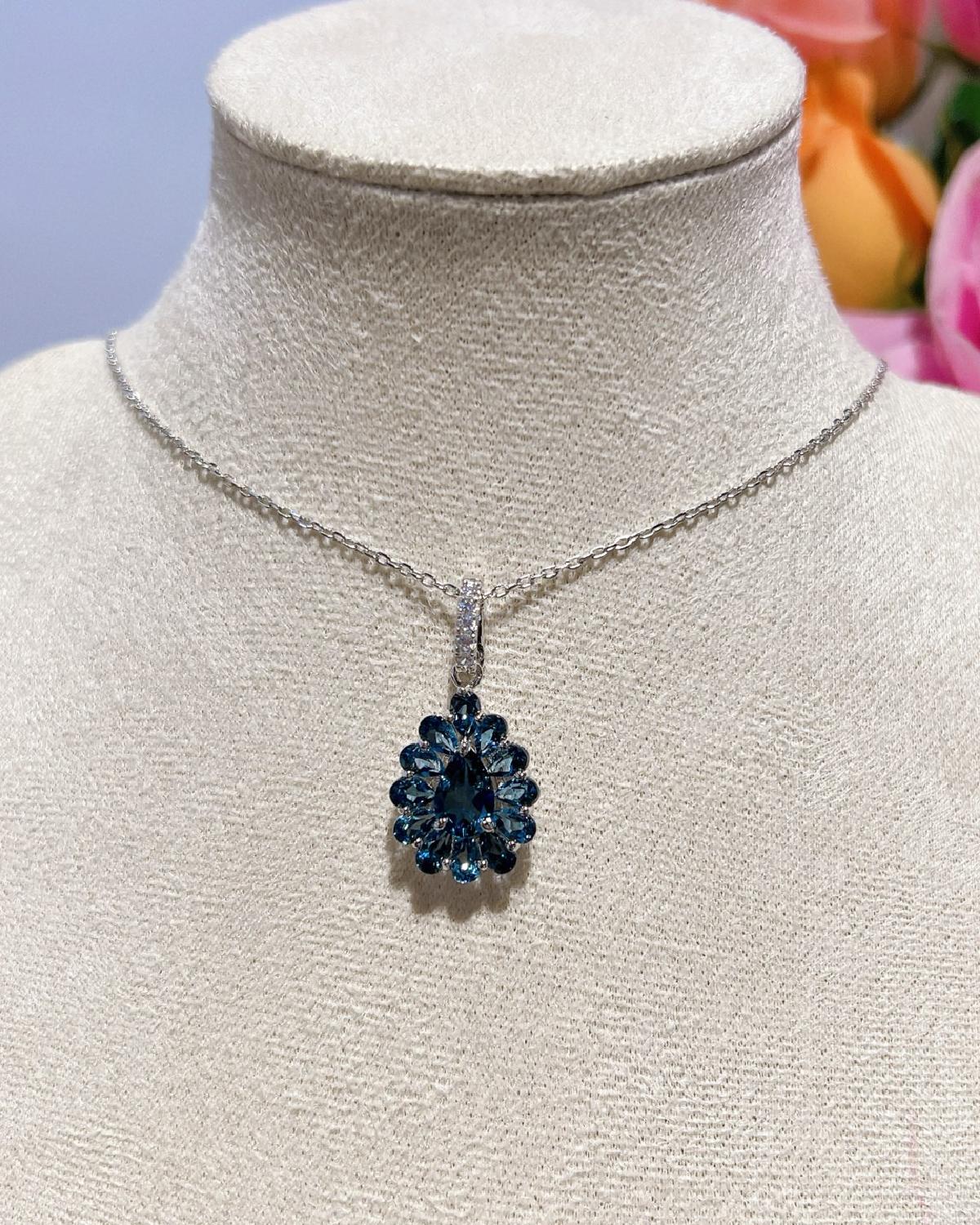 Blue topaz halo pendant for anniversary - For Her, For Wife
