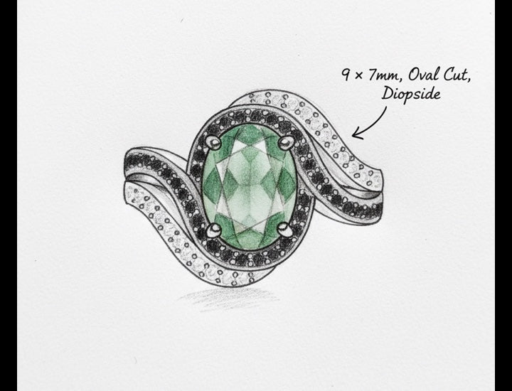 Original hand-drawn design sketch for Bypass Design 2.1ct Oval Cut Natural Diopside Ring in Sterling Silver - Anniversary Gift