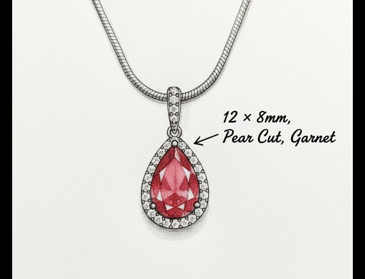 Original hand-drawn design sketch for Classic Halo 3.35ct Pear Cut Natural Garnet Necklace in Sterling Silver - Anniversary Gift