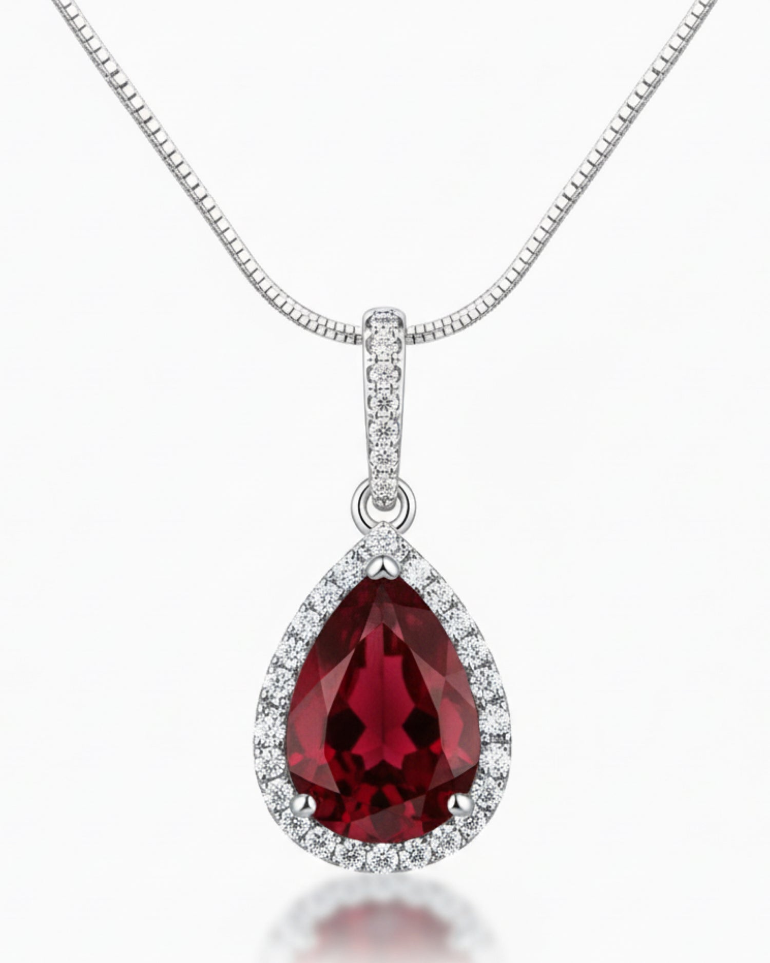 Classic Halo 3.35ct Pear Cut Natural Garnet Necklace in Sterling Silver - Anniversary Gift
