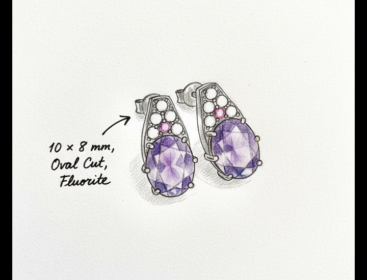 Original hand-drawn design sketch for Classic 6.14ct Oval Cut Purple Fluorite Drop Earrings - Mother's Day Gift
