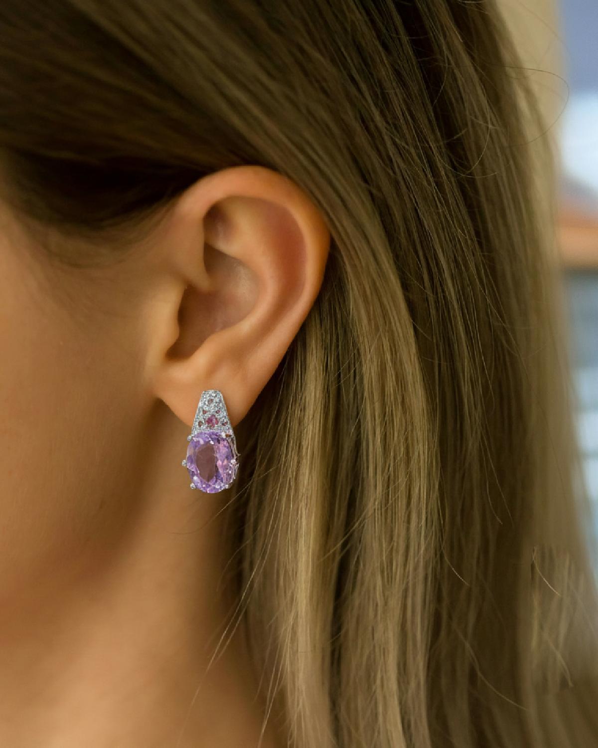 Model wearing Classic Purple Fluorite Earrings Silver, ideal Anniversary or Party gift