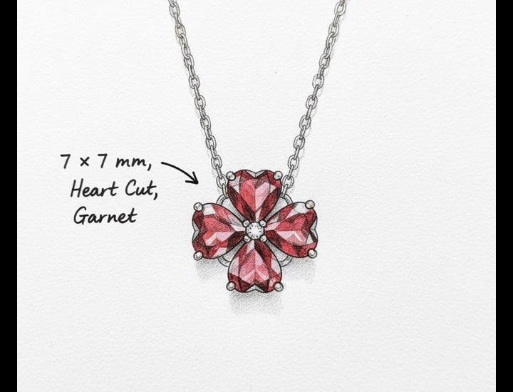 Original hand-drawn design sketch for Lucky Charm 5.97ct Heart Cut Natural Garnet Necklace Four Leaf Clover Necklace - Anniversary Gift