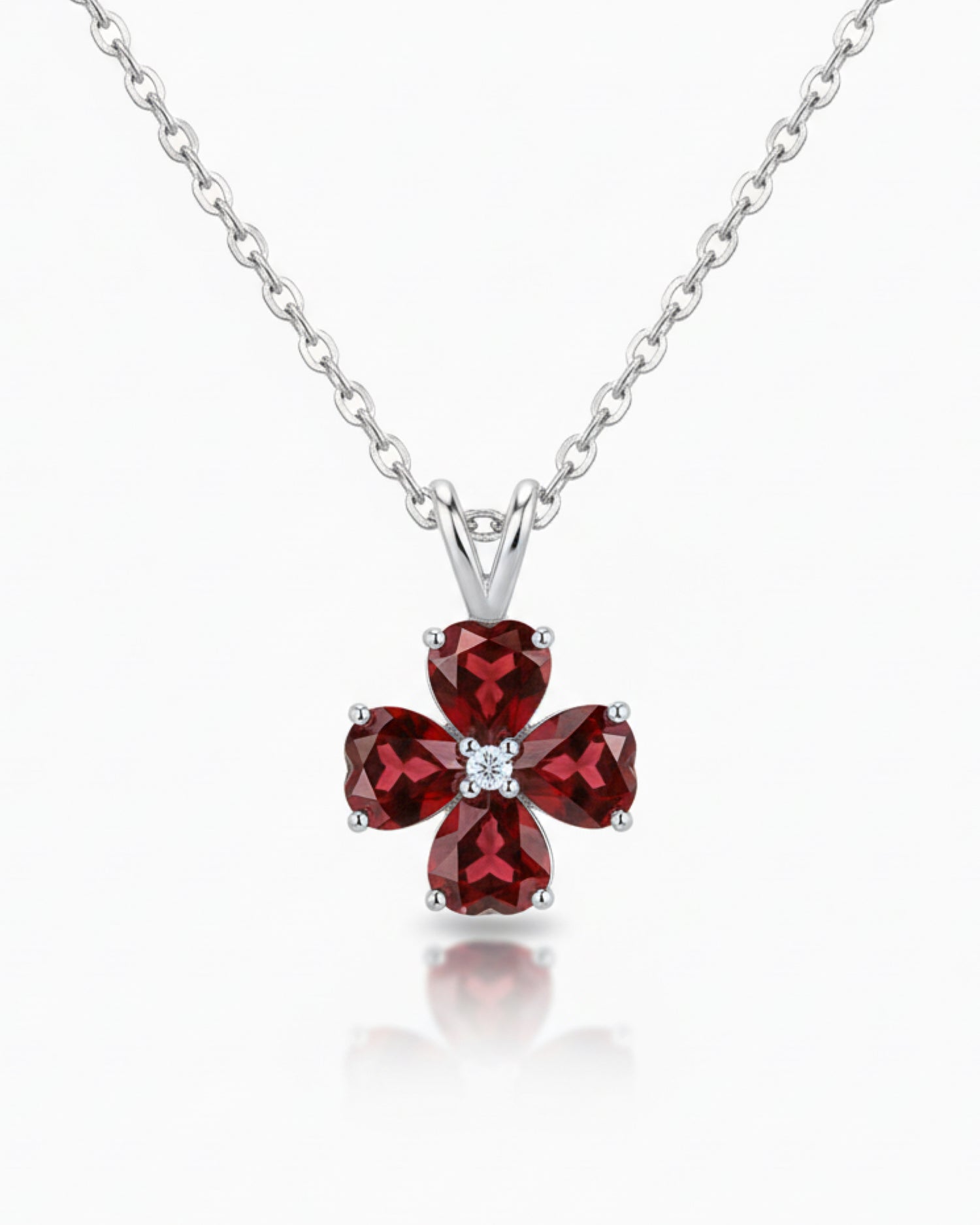 Lucky Charm 5.97ct Heart Cut Natural Garnet Necklace Four Leaf Clover Necklace - Anniversary Gift