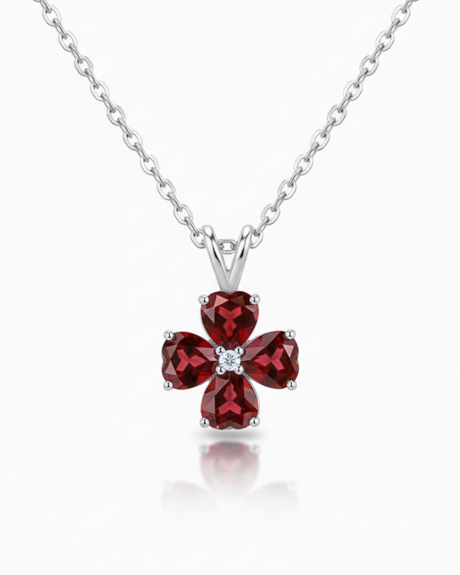 Lucky Charm 5.97ct Heart Cut Natural Garnet Necklace Four Leaf Clover Necklace - Anniversary Gift