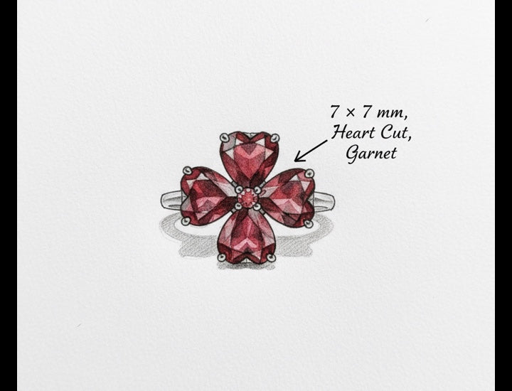 Original hand-drawn design sketch for Nature Inspired 5.97ct Heart Cut Natural Garnet Four Leaf Clover Ring - For Her