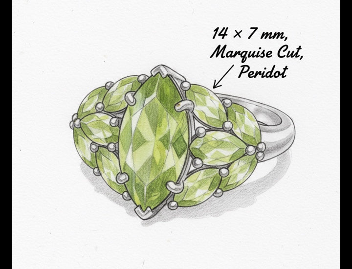 Original hand-drawn design sketch for Cluster 2.47ct Marquise Cut Natural Peridot Ring in Sterling Silver - Anniversary Gift
