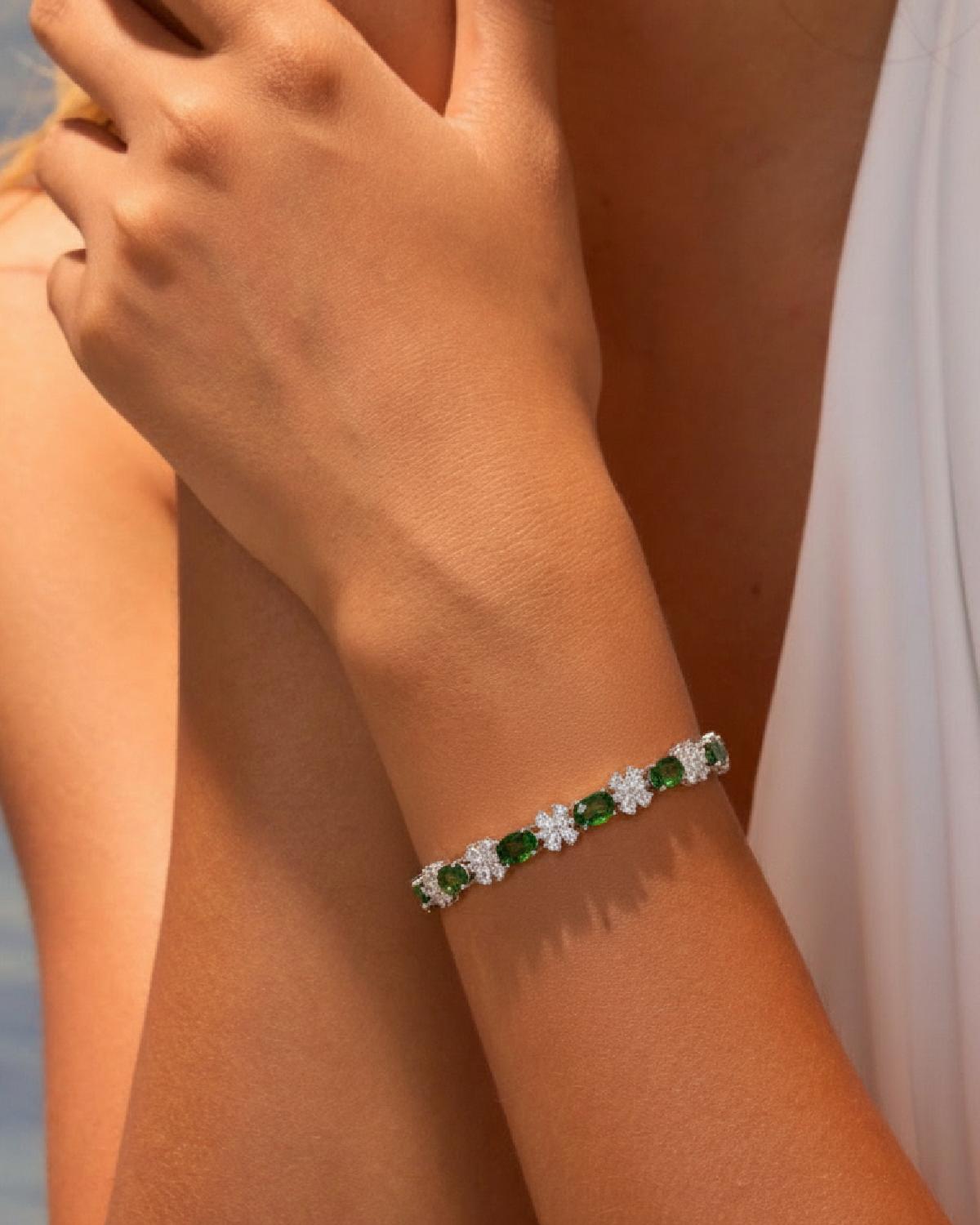 Model wearing Alternating Diopside Silver Bracelet, ideal Anniversary or Daily Wear gift