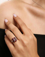 Model wearing Clover Garnet Ring Silver, ideal Valentine's Day or Christmas Gift gift