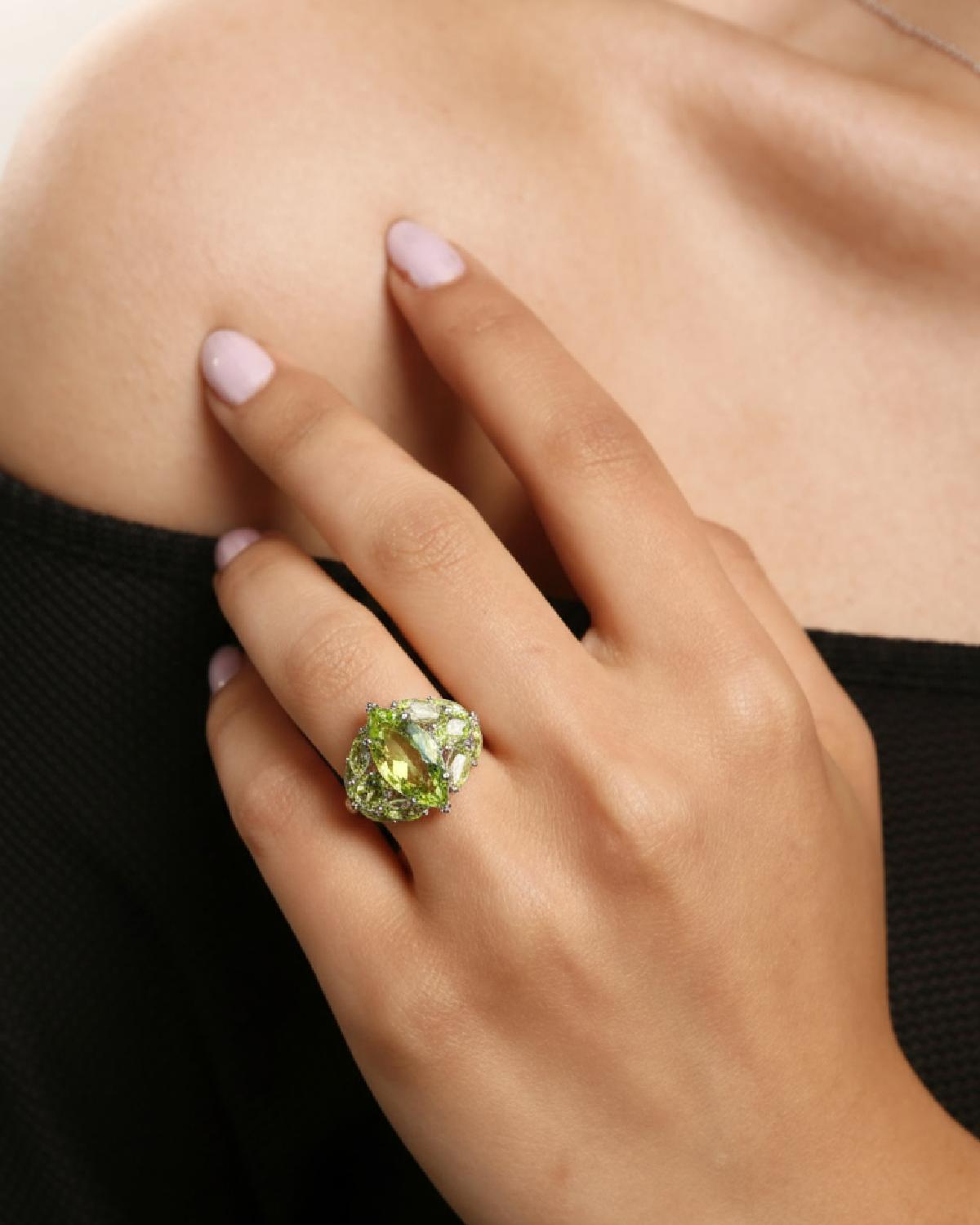 Model wearing Cluster Peridot Ring Silver, ideal Anniversary or Daily Wear gift
