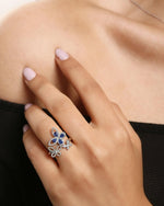 Model wearing Tanzanite Butterfly Ring Silver, ideal Birthday or Anniversary gift