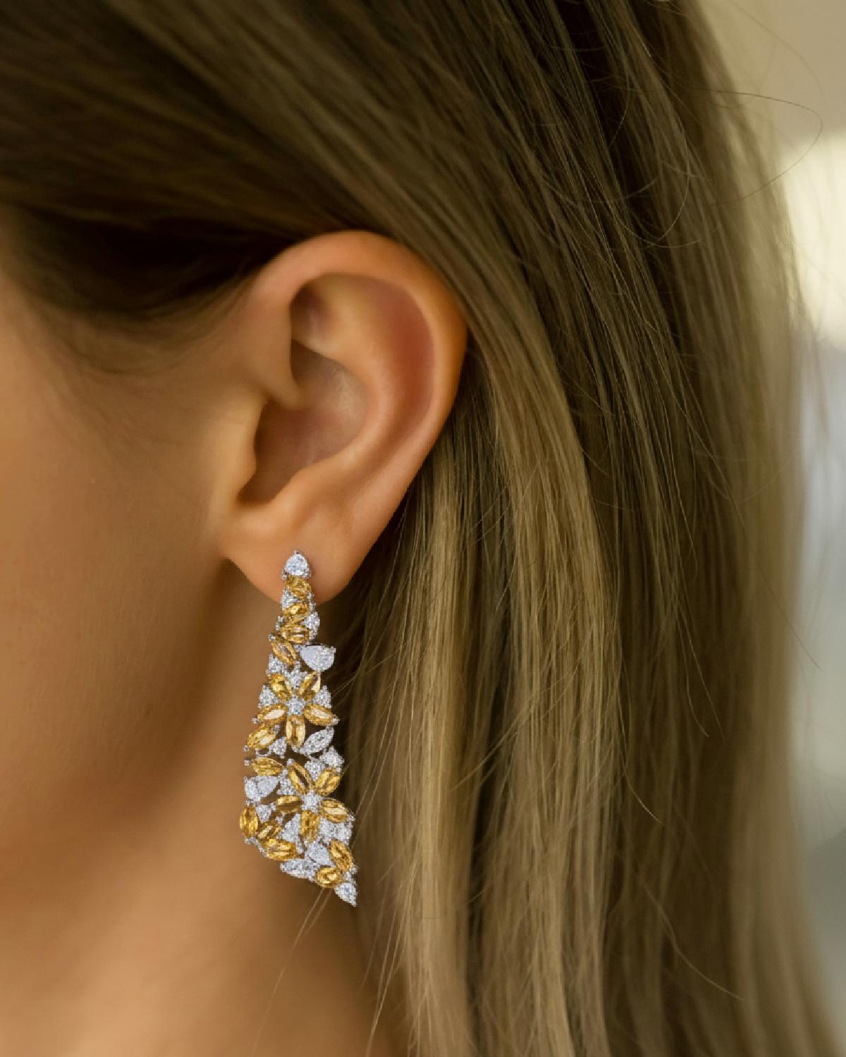 Model wearing Floral Yellow Tourmaline Earrings Silver, ideal Wedding or Anniversary gift
