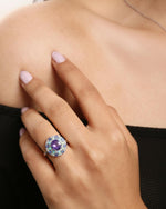 Model wearing Floral Amethyst Ring Silver, ideal Anniversary or Party gift
