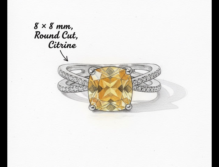 Original hand-drawn design sketch for Crossover 1.91ct Round Cut Natural Citrine Ring for Anniversary Gift