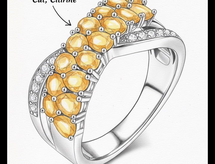Original hand-drawn design sketch for Statement Pear Cut Natural Citrine Crossover Double Row Pave Ring - Anniversary Gift