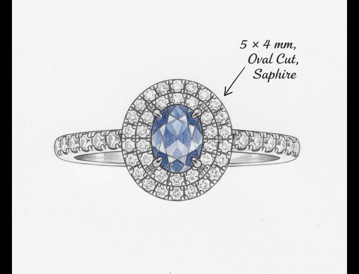 Original hand-drawn design sketch for Vintage Double Halo 0.45ct Oval Cut Natural Sapphire Ring for Anniversary Gift