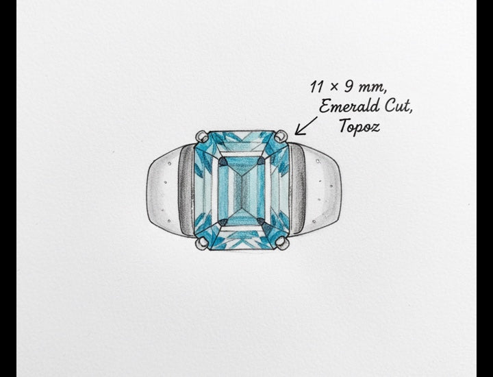 Original hand-drawn design sketch for Statement 4.87ct Emerald Cut Natural Swiss Blue Topaz Classic Ring - Anniversary Gift