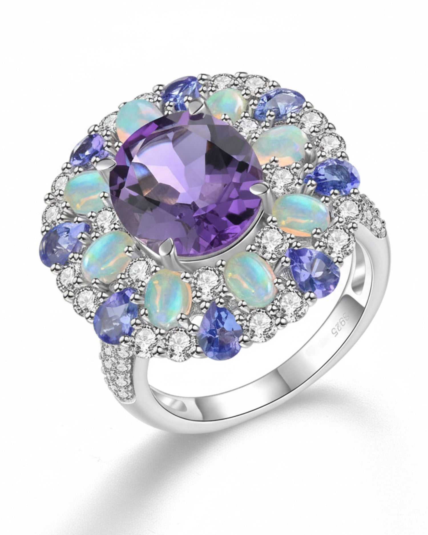 Floral Halo 4.37ct Oval Cut Natural Amethyst Violet Flower Sea Ring for Anniversary Gift