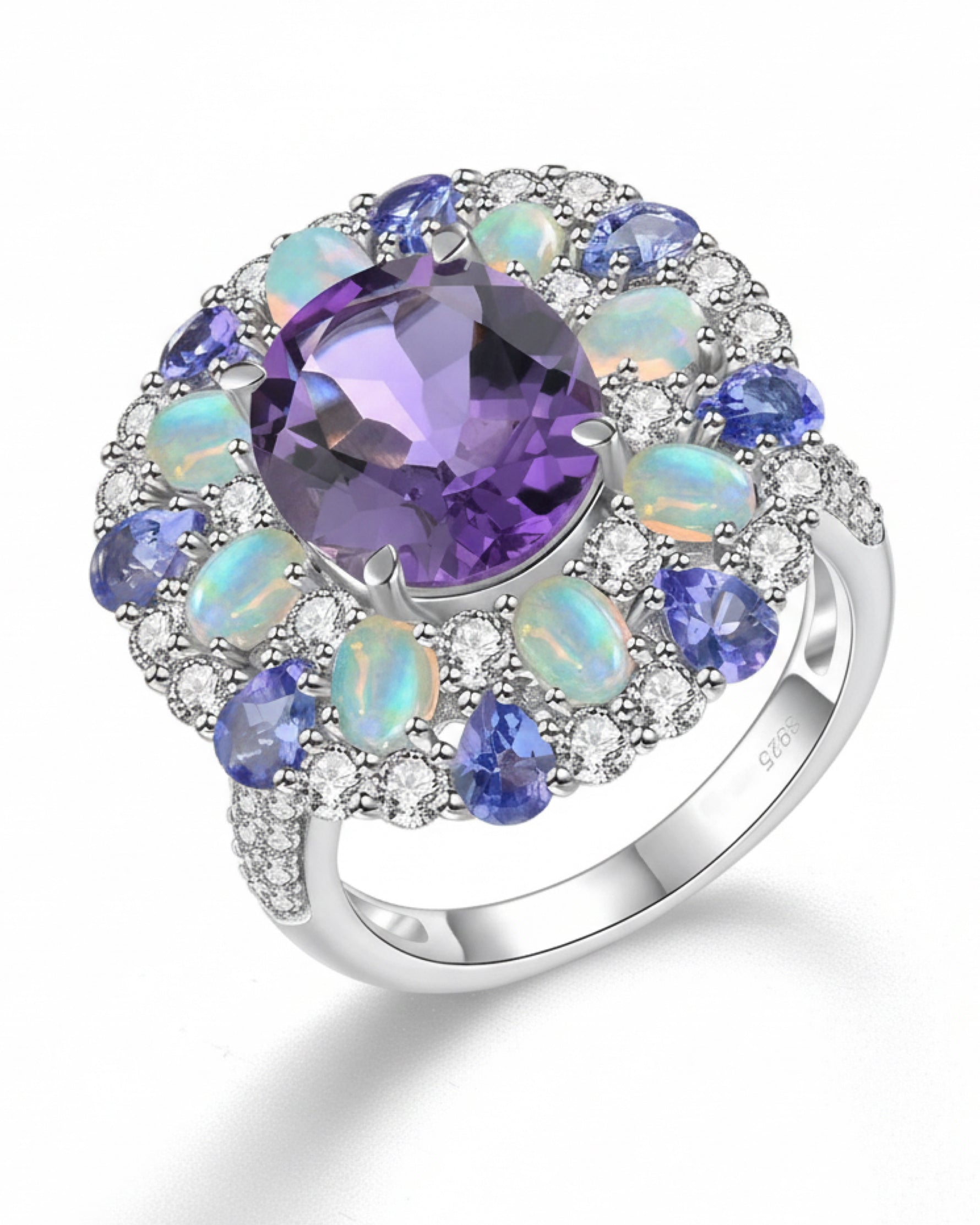 Floral Halo 4.37ct Oval Cut Natural Amethyst Violet Flower Sea Ring for Anniversary Gift