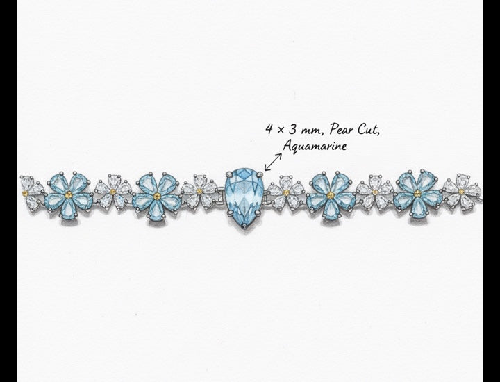 Original hand-drawn design sketch for Floral 3.28ct Natural Pear Cut Aquamarine Bracelet - Anniversary Gift