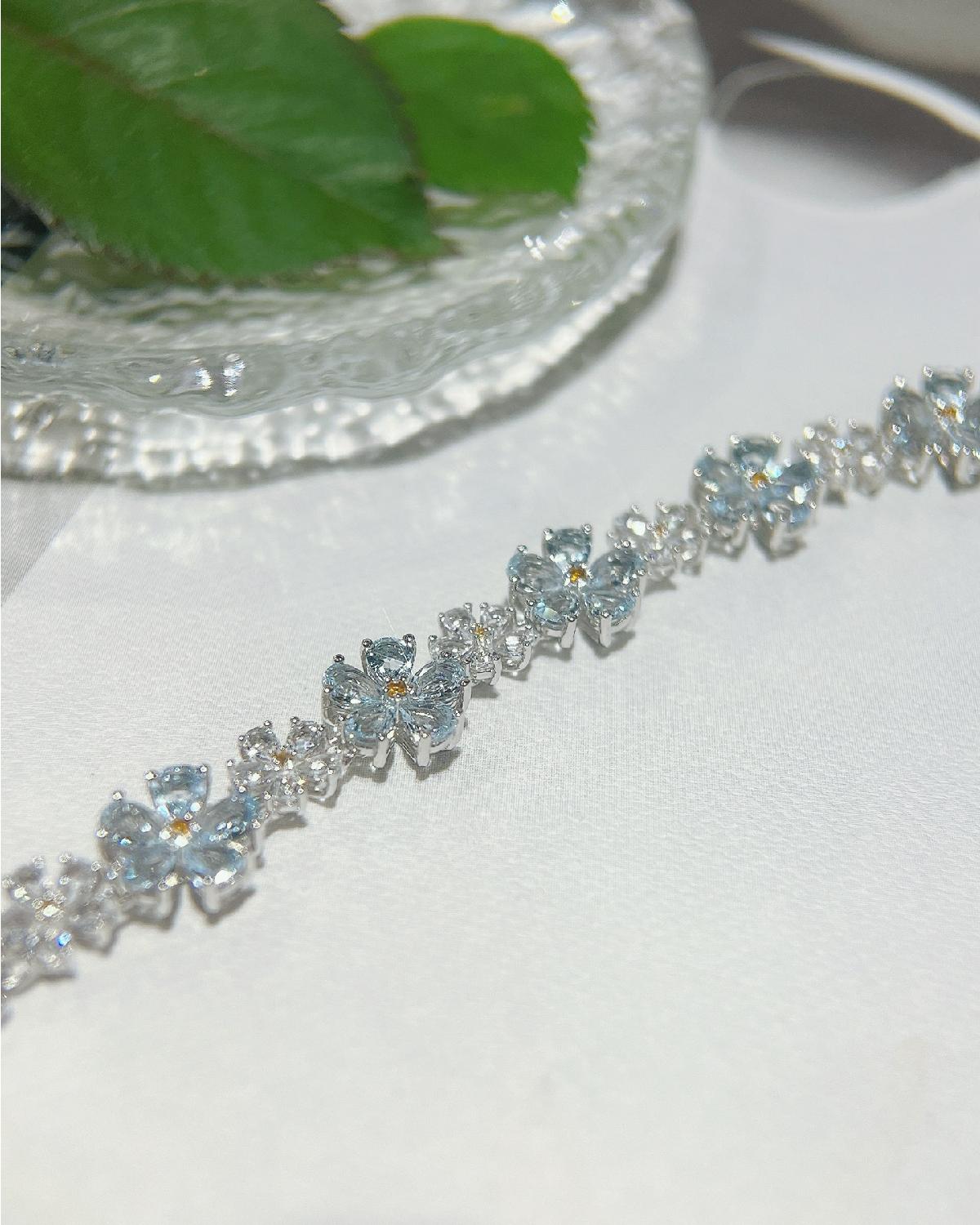 Floral aquamarine bracelet sterling silver featuring Blue Aquamarine