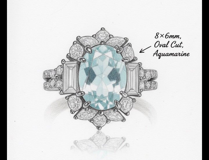 Original hand-drawn design sketch for Vintage Floral 1ct Oval Cut Natural Aquamarine Ring in Sterling Silver - Anniversary Gift