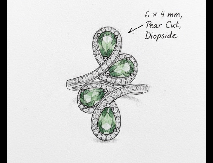 Original hand-drawn design sketch for Floral Halo 2ct Pear Cut Natural Diopside Ring in Sterling Silver - Anniversary Gift
