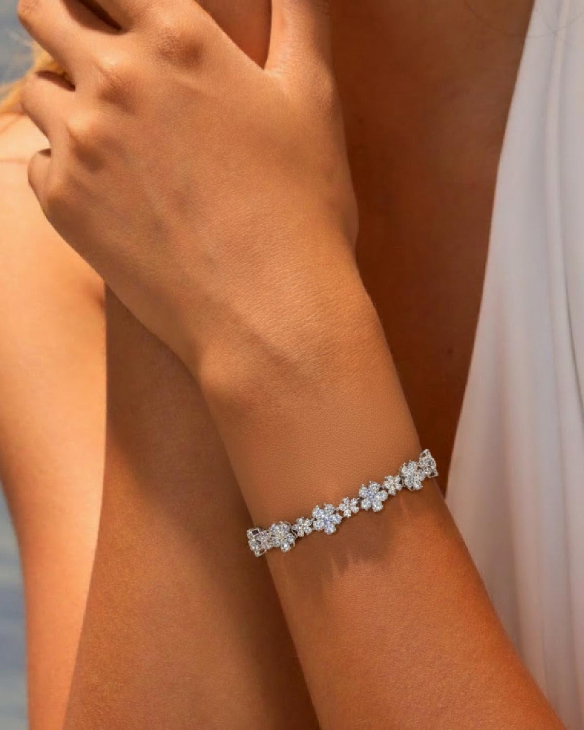Model wearing Floral Aquamarine Bracelet Silver, ideal Daily Wear or Wedding gift