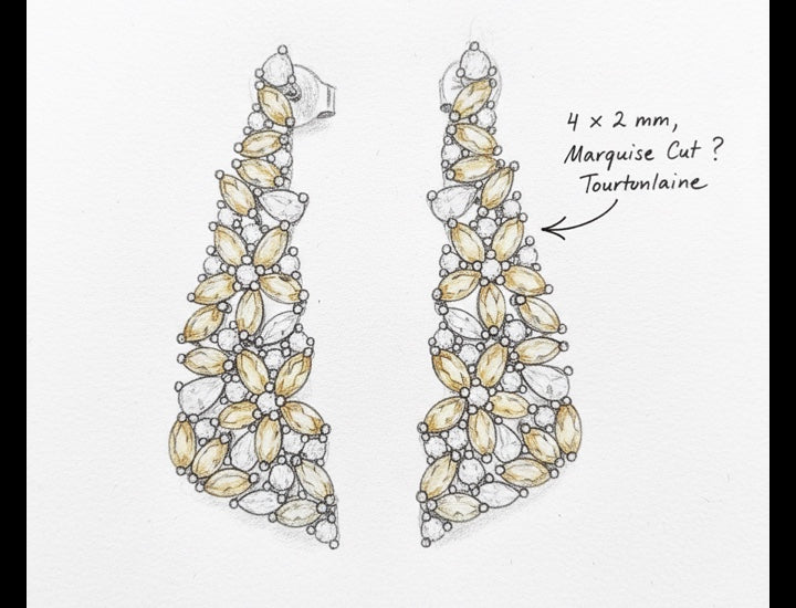 Original hand-drawn design sketch for Floral Cluster 3.46ct Marquise Cut Yellow Natural Tourmaline Earrings - Anniversary Gift