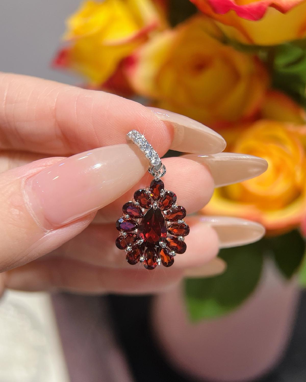 Garnet halo necklace for anniversary - For Her, For Wife