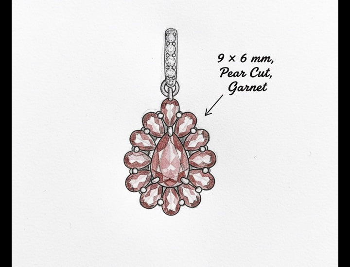 Original hand-drawn design sketch for Fancy Floral Halo 1.51ct Pear Cut Garnet Necklace in Sterling Silver - Anniversary Gift