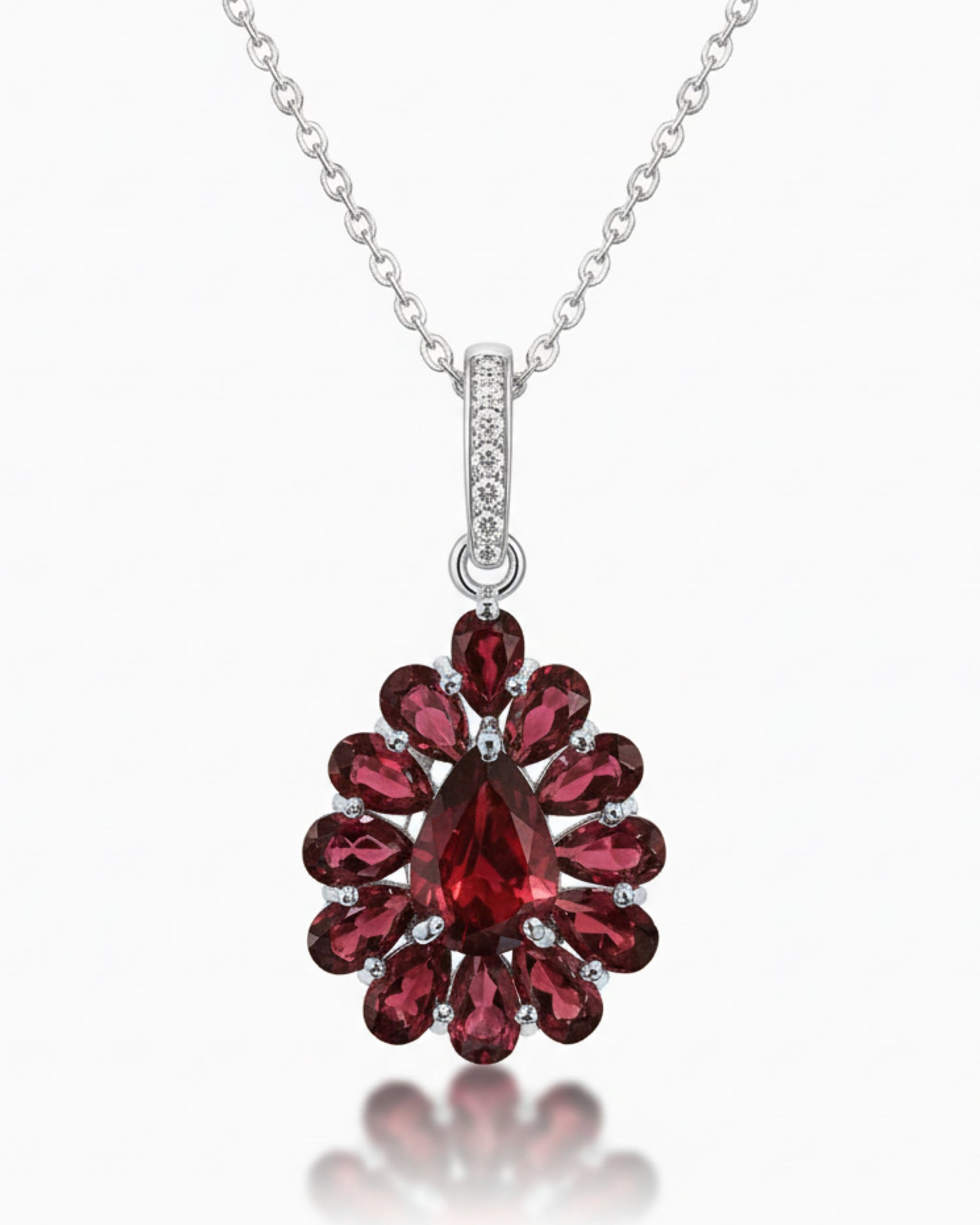 Fancy Floral Halo 1.51ct Pear Cut Garnet Necklace in Sterling Silver - Anniversary Gift