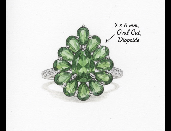 Original hand-drawn design sketch for Floral Cluster 1.24ct Oval Cut Natural Green Diopside Fancy Halo Ring - Anniversary Gift