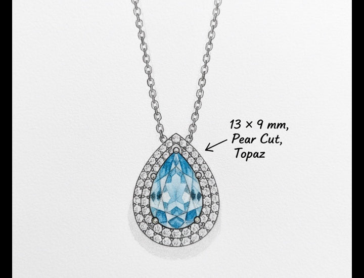 Original hand-drawn design sketch for Halo 4.32ct Pear Cut Natural Swiss Blue Topaz Necklace - Anniversary Gift