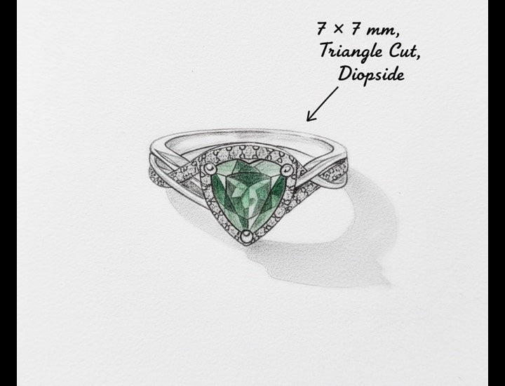 Original hand-drawn design sketch for Modern Halo 1.27ct Triangle Cut Green Diopside Ring for Anniversary Gift