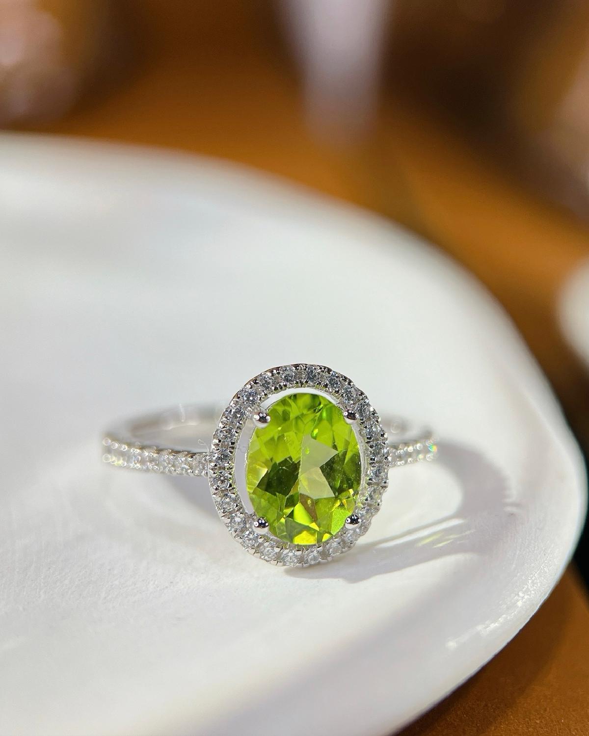 Halo peridot ring sterling silver featuring Green Peridot