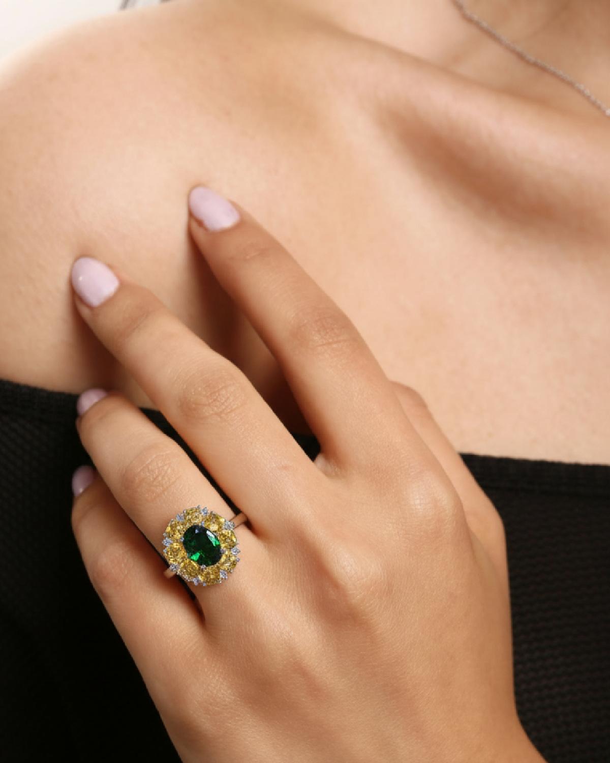 Model wearing Natural Diopside Halo Ring Silver, ideal Anniversary or Daily Wear gift