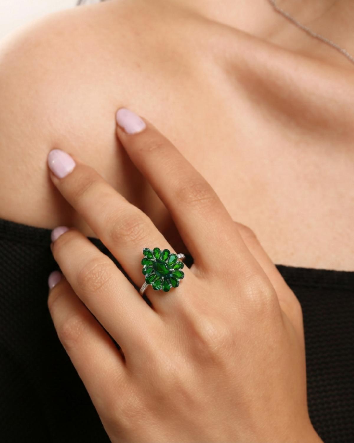 Model wearing Green Diopside Halo Ring Silver, ideal Anniversary or Daily Wear gift