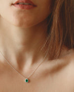 Model wearing Natural Emerald Halo Necklace Silver, ideal Daily Wear or Anniversary gift