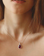 Model wearing Classic Garnet Necklace Silver, ideal Anniversary or Valentine's Day gift