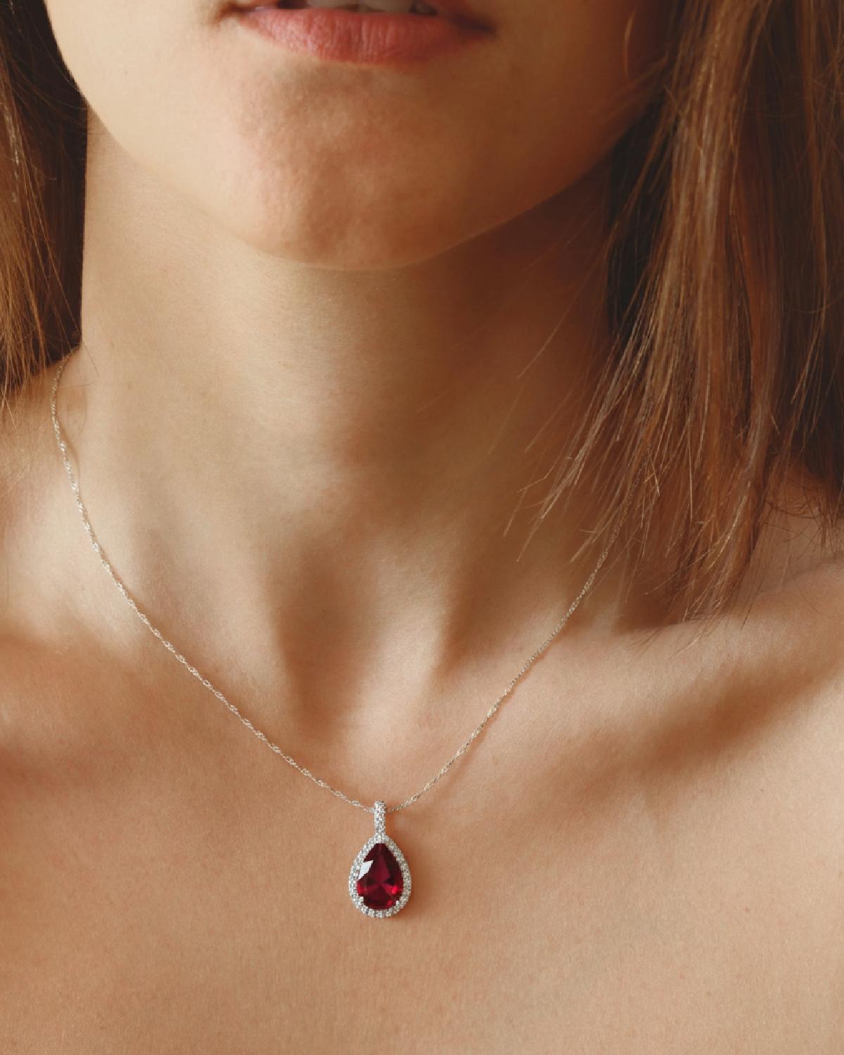 Model wearing Classic Garnet Necklace Silver, ideal Anniversary or Valentine's Day gift