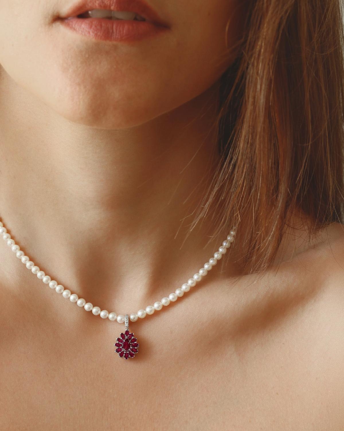 Styled look: Garnet Halo Necklace Silver, ideal Anniversary or Valentine's Day gift