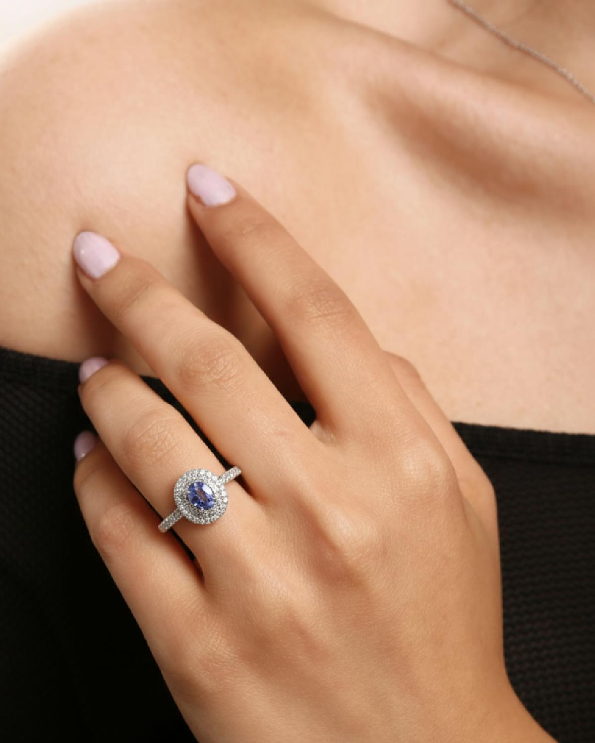 On-model view of Double Halo Sapphire Ring Silver, ideal Engagement or Anniversary gift